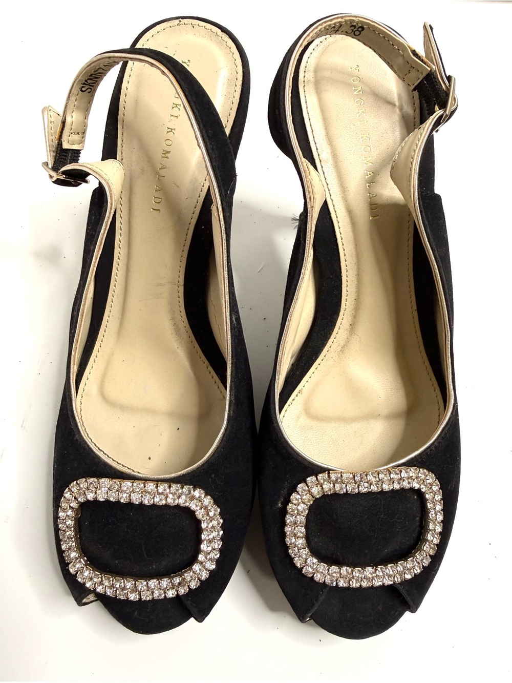 Yongki Komaladi Size 38/7.5 Black Rhinestone Buckle Peep Toe Platform Heels